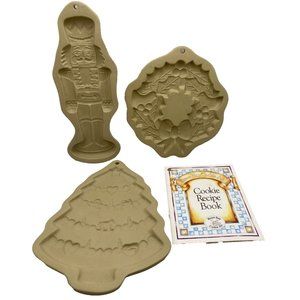 Set of 3 Brown Bag Cookie Art Molds Nutcracker Wreath Christmas Tree Recipe Book